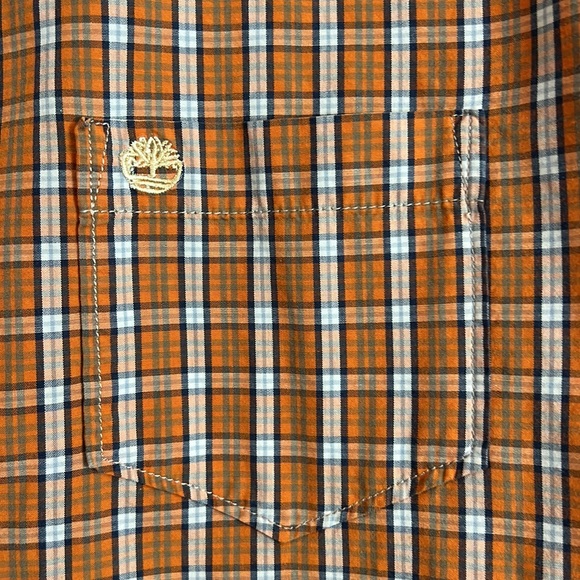 Timberland Plaid Orange Navy Buttoned Shirt Large - Picture 5 of 8